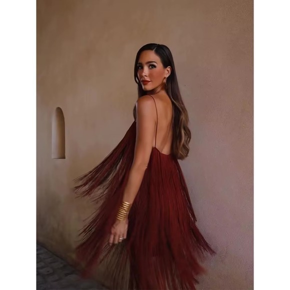 COMMENSE Florence‎ Fringed Open Back Short Dress Burgundy size S/4 - Picture 4 of 8